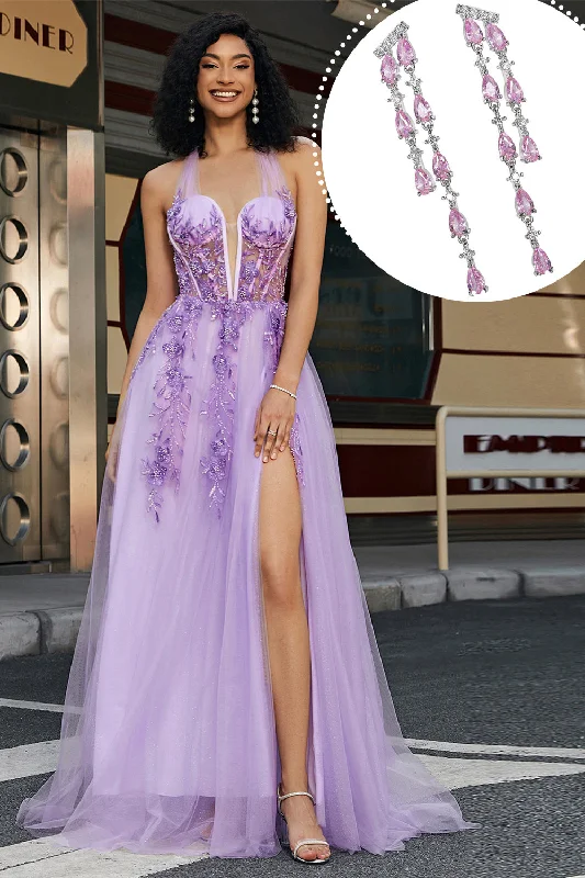 Lace Bodice Party Dress for Delicate -Gorgeous A Line Halter Neck Grey Purple Corset Applique Prom Dress With Accessories Set