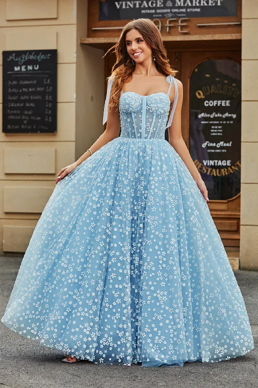 Split Front Party Dress for Dramatic -Spaghetti Straps Sky Blue A-Line Corset Prom Dress with Florals