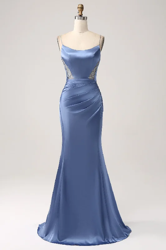 Satin Bodice Party Dress for Smooth -Mermaid Grey Blue Satin Spaghetti Straps Long Prom Dress