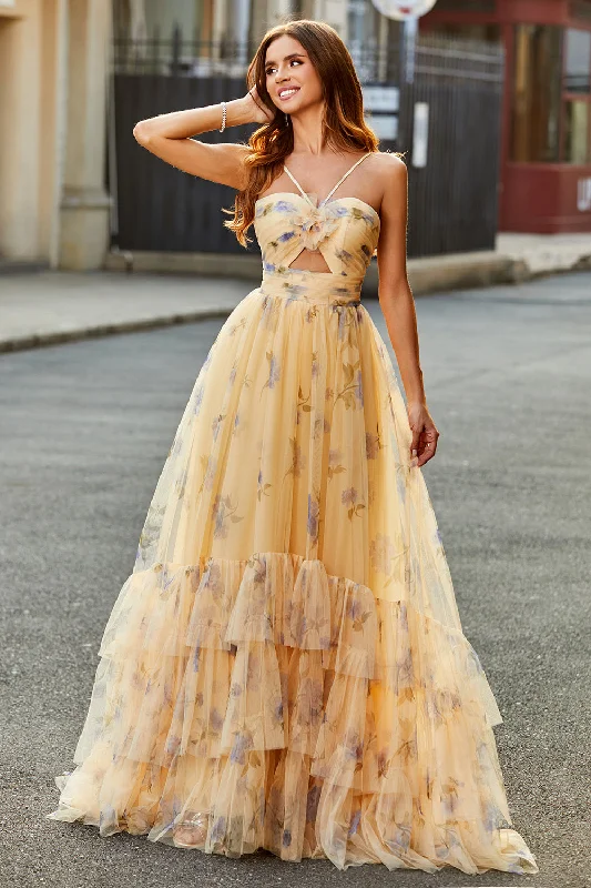 Midi Party Dress for Versatile Wear -Yellow A-Line Halter Pleated Tulle Tiered Long Prom Dress With Embroidery