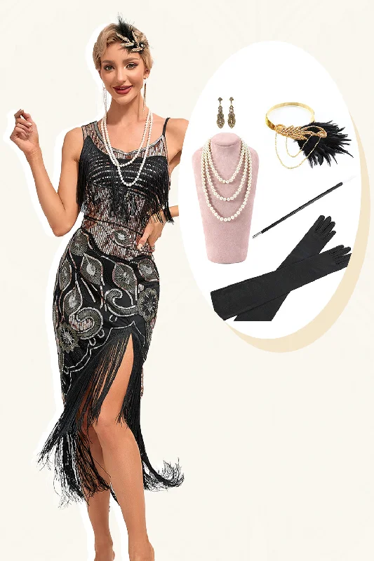 Elastic Dresses for Fit -Sparkly Black Sequins Fringes Asymmetrical 1920s Gatsby Dress with Accessories Set