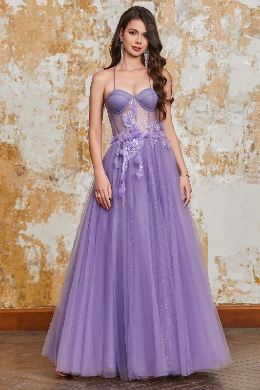 Flared Party Dress for Retro Vibe -A-Line Spaghetti Straps Purple Corset Prom Dress with 3D Flowers