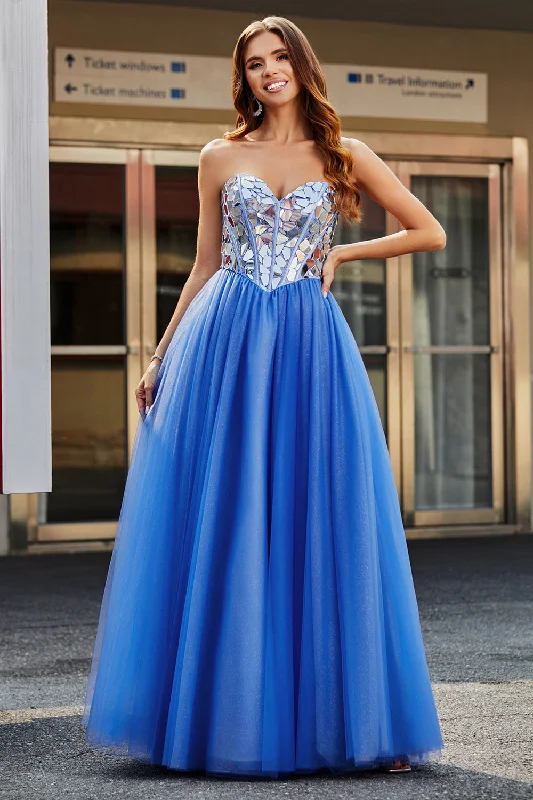 Satin Party Dress for Smooth Texture -Royal Blue A-Line Sweetheart Broken Mirrors Strapless Corset Long Prom Dress