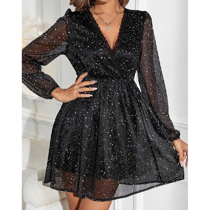 Black Dresses for Versatile -Sugar & Lace Womens Black Glitter Mesh Overlay Dress - SL6119502-P2