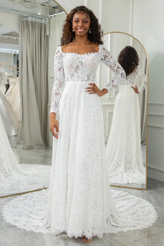 Valentine's Day Dresses for Romance -Ivory A-Line Lace Wedding Dress with Sleeves