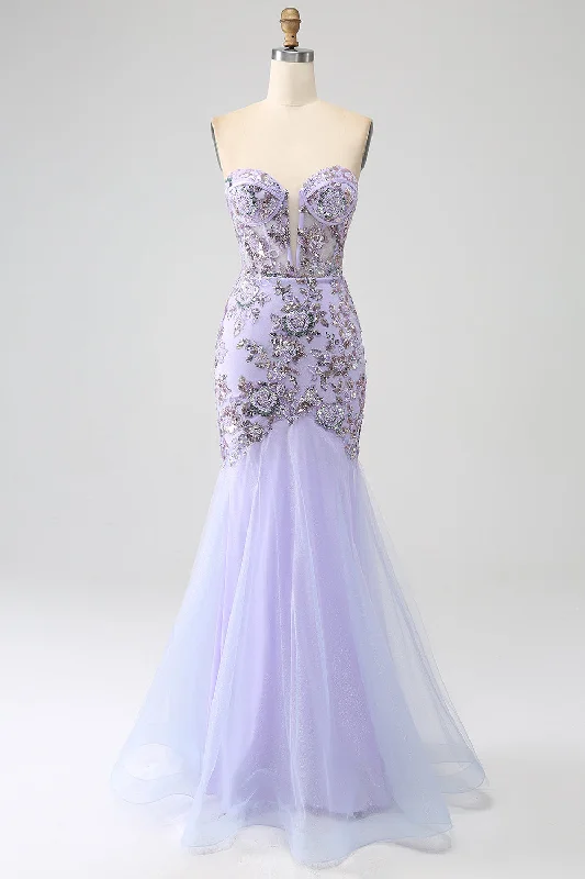 Green Party Dress for Fresh Appeal -Mermaid Strapless Lavender Corset Prom Dress with Beading