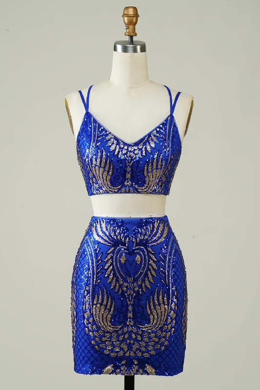 Midi Dresses for Versatile Wear -Royal Blue Two Piece Glitter Tight Homecoming Dress