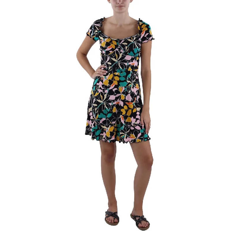 Sleeveless Dresses for Coolness -Bar III Womens Tropical Print Off-The-Shoulder Fit & Flare Dress