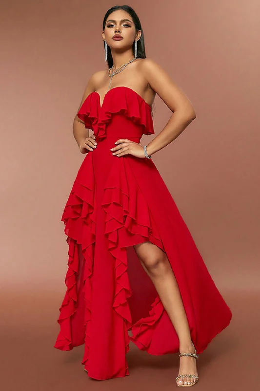 Embroidered Party Dress for Detailed -Red Strapless A Line Prom Dress with Ruffles