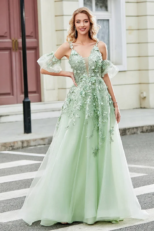 Party Dress for Prom Night -Green Removable Sleeves Tulle Prom Dress with Appliques