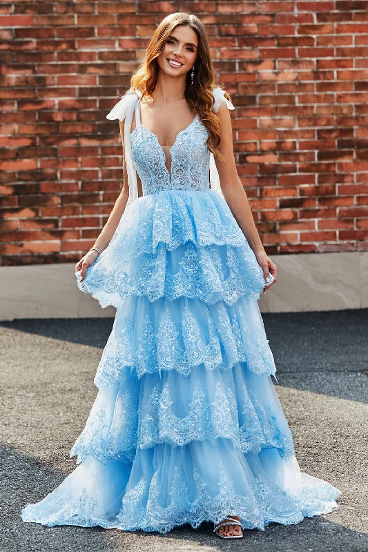 Studded Party Dress for Edgy Look -Tiered Tulle Sweetheart Bow Tie Straps Blue Sequin Prom Dress with Appliques