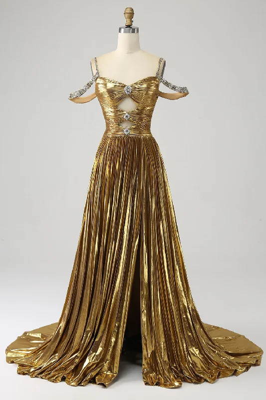 Party Dress for Costume Party -Stunning A Line Off the Shoulder Gold Long Prom Dress with Keyhole