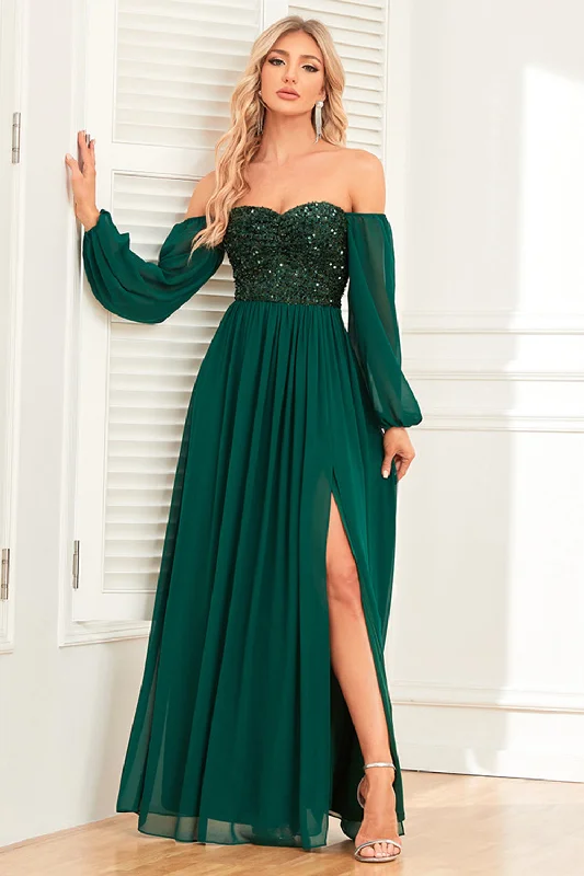 Checkered Bodice Party Dress for Trend -A-Line Dark Green Sequins Prom Dress with Sleeves