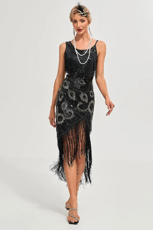 Indian Dresses with Intricacy -Black Spaghetti Straps Gatsby Fringed Flapper Dress