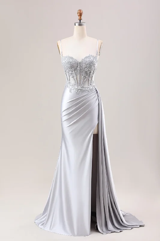 Party Dress for Christmas Party -Silver Mermaid Pleated Sheer Long Corset Satin Prom Dress With Slit