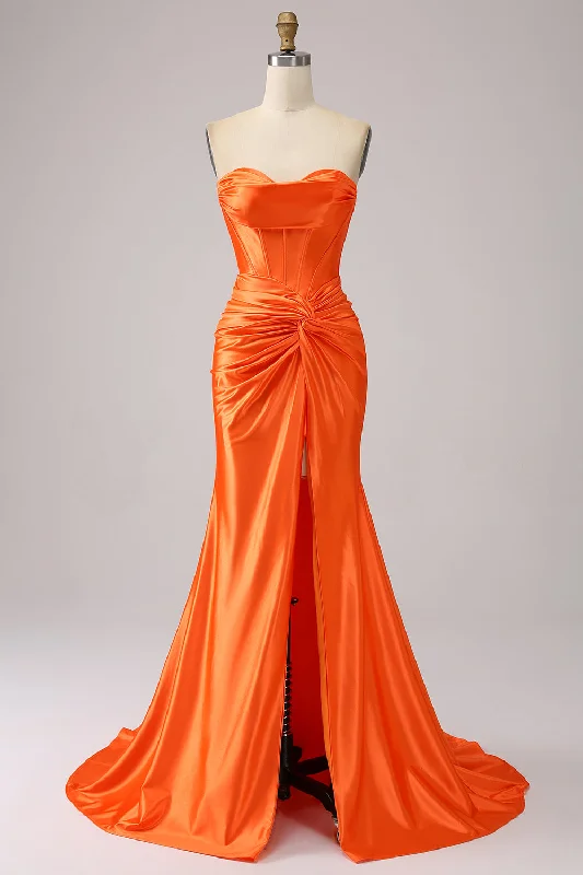 Backless Party Dress for Alluring Look -Orange Mermaid Sweetheart Corset Long Sparkly Prom Dress with Slit