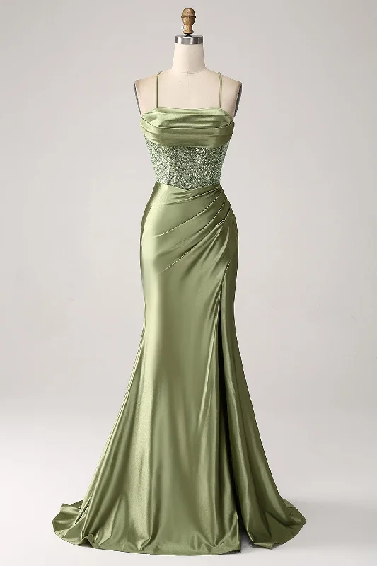 Backless Party Dress for Alluring Look -Army Green Mermaid Cowl Neckline Sequin Long Prom Dress With Slit