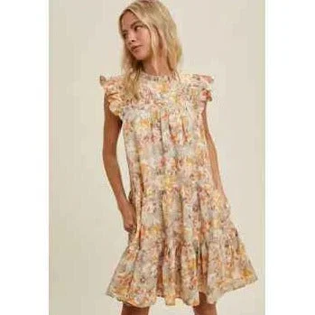 High-waisted Dresses for Flatter -Women's Ruffle Sleeve Floral Tiered Mini Dress in Sage & Citrus