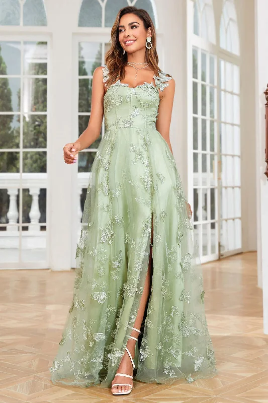 Satin Dresses for Shiny Look -A Line Green Corset Long Tulle Prom Dress with 3D Butterflies Split Front