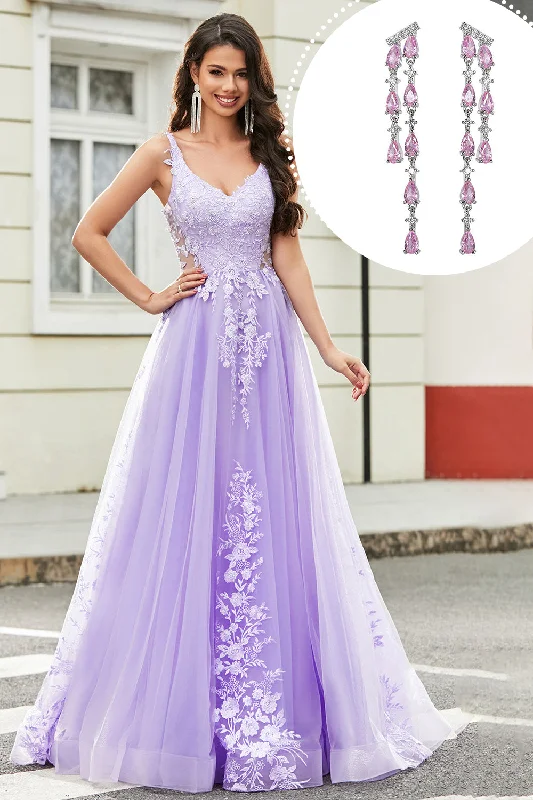 Party Dress for Themed Party -Lilac A Line Appliques Long Prom Dress with Accessory