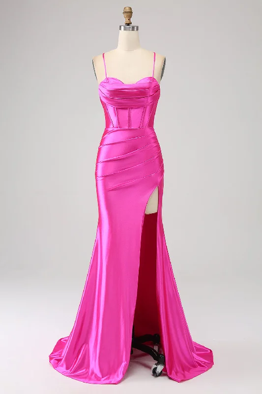 Party Dress for Modern Party -Stunning Mermaid Spaghetti Straps Fuchsia Corset Prom Dress with Split Front