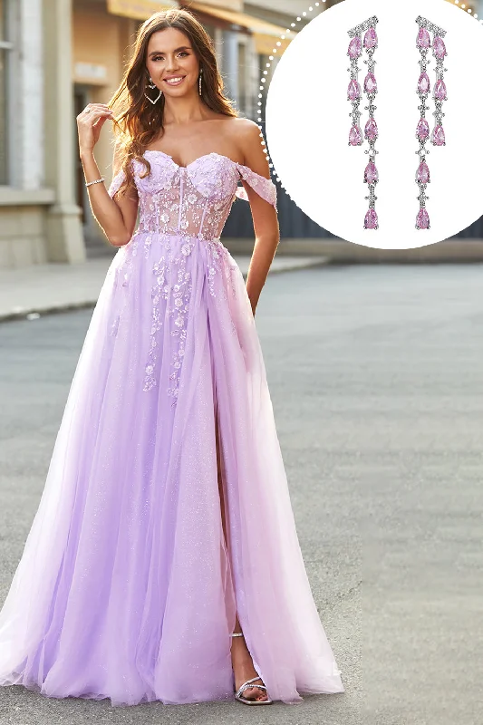 Party Dress for Office Party -Off the Shoulder Appliques Tulle Corset Prom Dress with Accessory