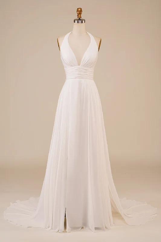 Denim Dresses for Casual Style -A-Line Halter Ivory Sweep Train Wedding Dress with Slit