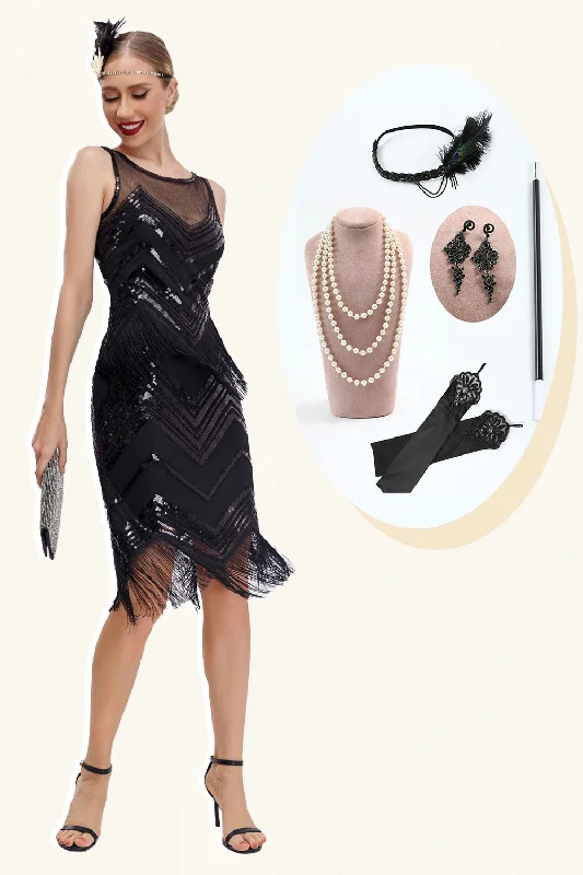 Bridesmaid Dresses for Ceremony -Black Sparkly Fringes 1920s Dress with Accessories Set