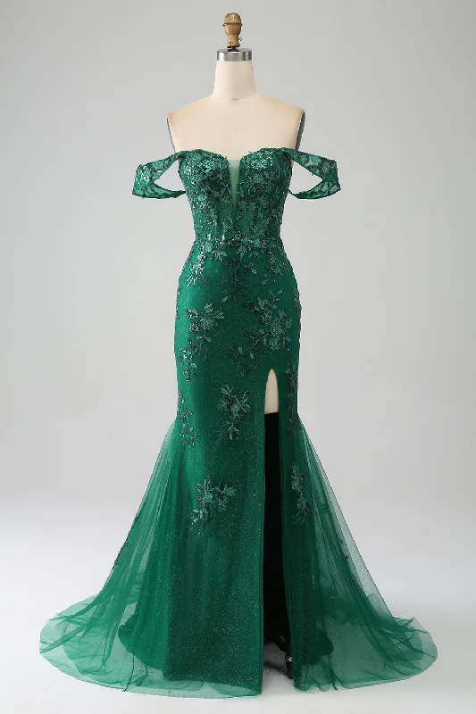 Party Dress for Outdoor Party -Mermaid Off The Shoulder Dark Green Prom Dress with Appliques