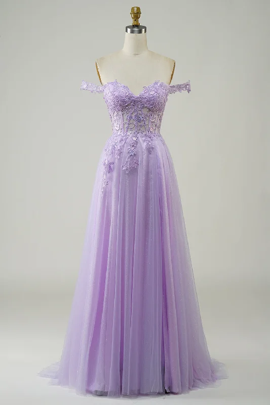 Tiered Dresses for Voluminous -Purple Corset A-Line Long Tulle Prom Dress with Lace