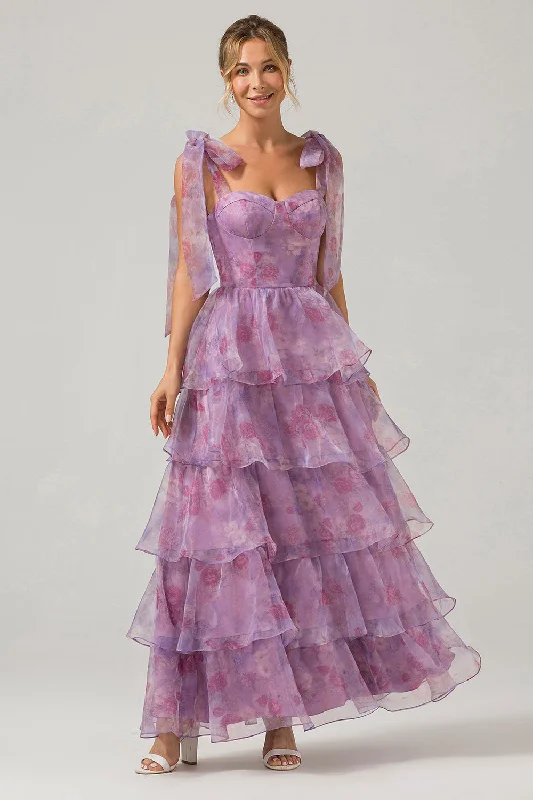 Wrap Party Dress for Adjustable Fit -A Line Purple Printed Tiered Tea-Length Long Prom Dress