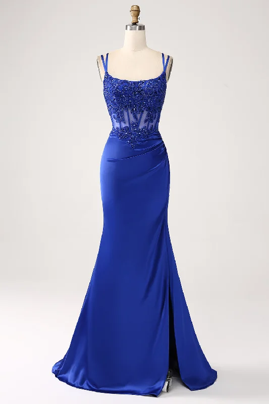 Short Sleeve Party Dress for Casual -Royal Blue Mermaid Corset Beaded Long Prom Dress with Slit