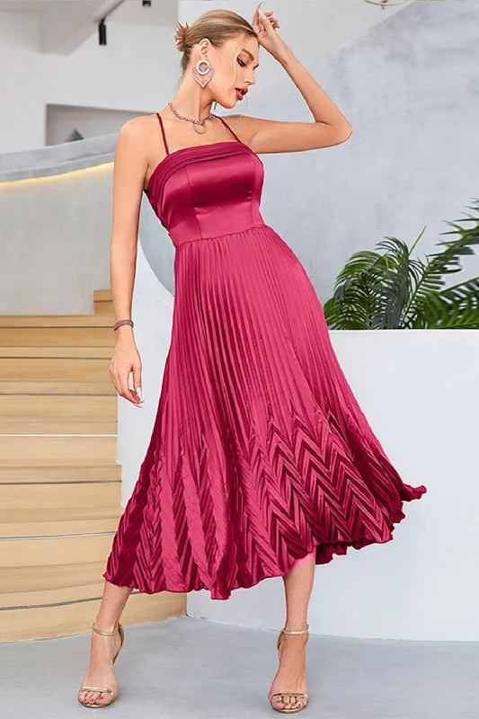 Sundress Dresses for Sunny -Burgundy A-Line Spaghetti Straps Pleated Tea-Length Evening Dress