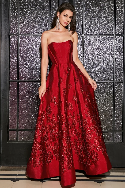 Bell Sleeve Party Dress for Bohemian -A-Line Strapless Elegant Princess Dark Red Long Prom Dress with 3D Flowers