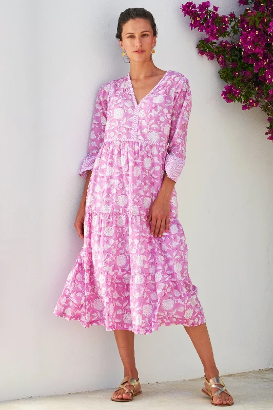 Flared Dresses for Retro -Hayden Block Print Dress | Ornate Flower Pink/White