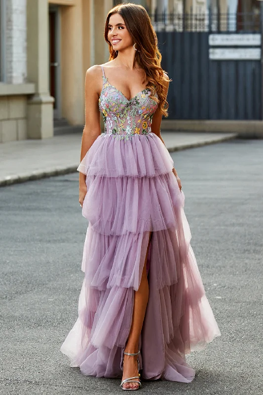 Geometric Party Dress for Modern Look -A-Line Tulle Long Corset Tiered Mauve Prom Dress With Appliques