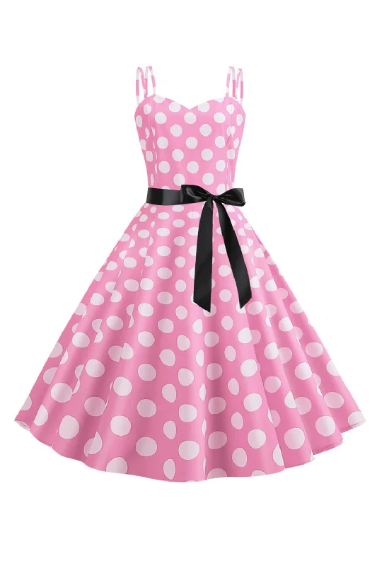 Patchwork Dresses for Bohemian -Pink Polka Dots Spaghetti Straps 1950s Dress With Bow