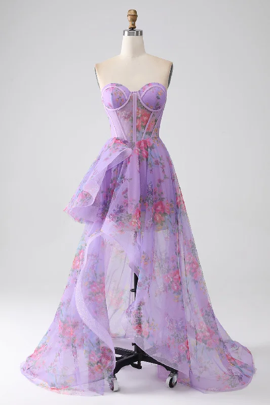 Off Shoulder Party Dress for Sexy Look -Purple Printed Strapless Corset Prom Dress