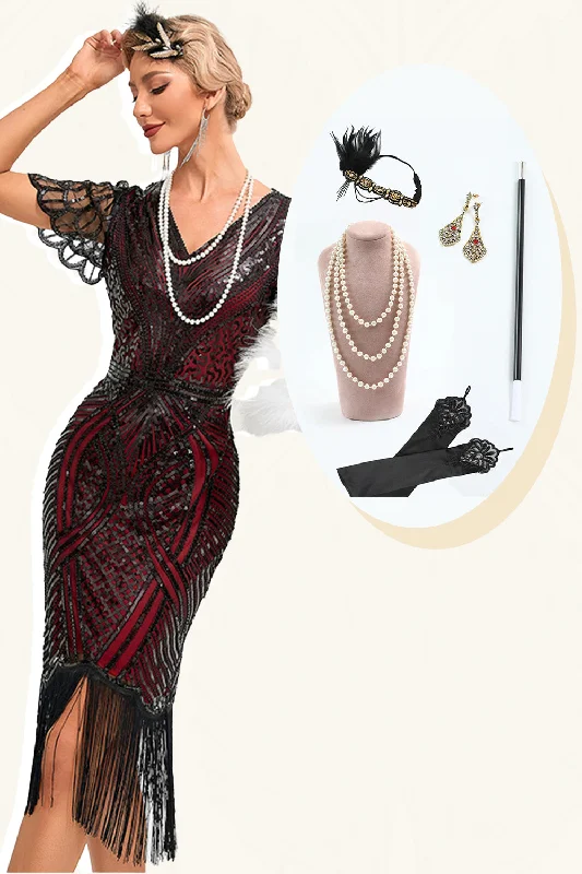 Fashionable Dresses for Style -Sparkly Fringes Burgundy 1920s Dress with Accessories Set