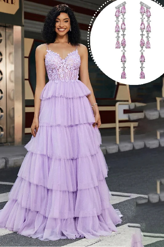 Party Dress for New Year's Eve -Purple Princess A Line Tiered Corset Prom Dress with Accessory