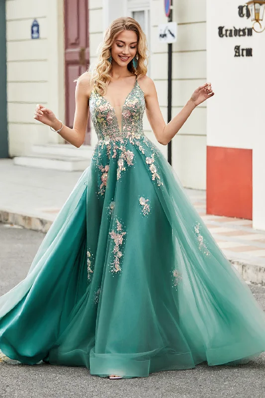 Party Dress for House Party -Glitter Green A-Line Spaghetti Straps Long Prom Dress With Sparkly Sequin Appliques