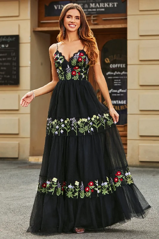 Velvet Bodice Party Dress for Rich -Gorgeous A Line Spaghetti Straps Black Long Prom Dress with Embroidery