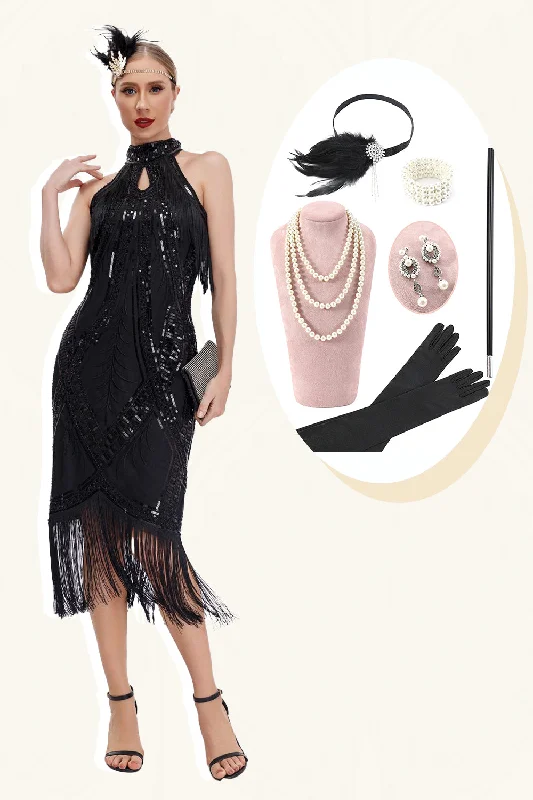 Strapless Dresses for Glamorous -Sparkly Black Round Neck Sequins Fringed 1920s Dress with Accessories Set