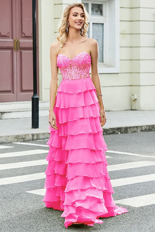 Green Party Dress for Fresh Appeal -Gorgeous A Line Sweetheart Corset Hot Pink Prom Dress with Appliques Ruffles