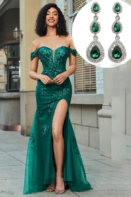 Party Dress for Prom Night -Dark Green Off the Shoulder Appliques Tulle Prom Dress with Accessory