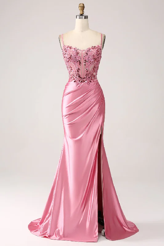 Off Shoulder Party Dress for Sexy Look -Pink Mermaid Spaghetti Straps Sequin Corset Prom Dress with Slit