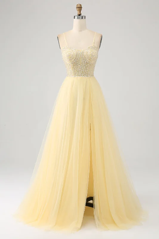 Party Dress for Beach Party -Tulle Beaded Light Yellow Prom Dress with Slit