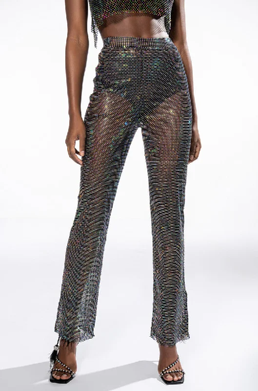 Denim Dress for Cocktail Parties -DAZZLE RHINESTONE MESH WIDE LEG PANT