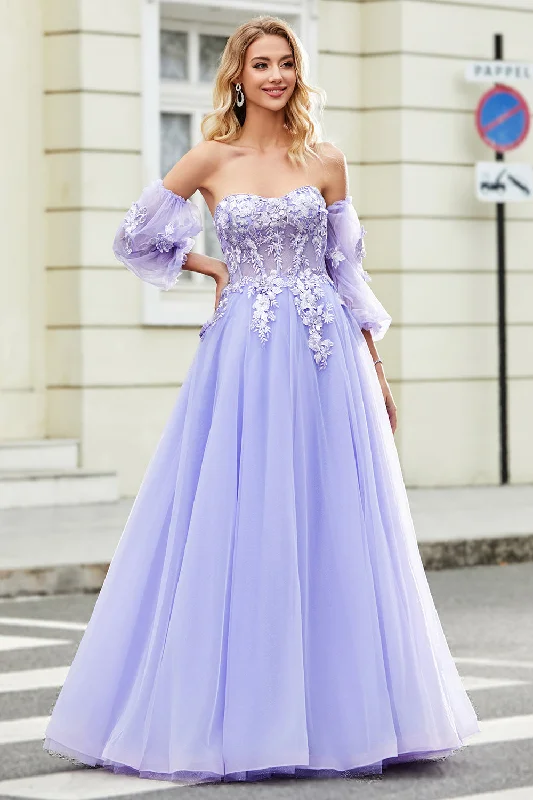 Pink Party Dress for Feminine Touch -Gorgeous A Line Off the Shoulder Lavender Corset Prom Dress with Appliques