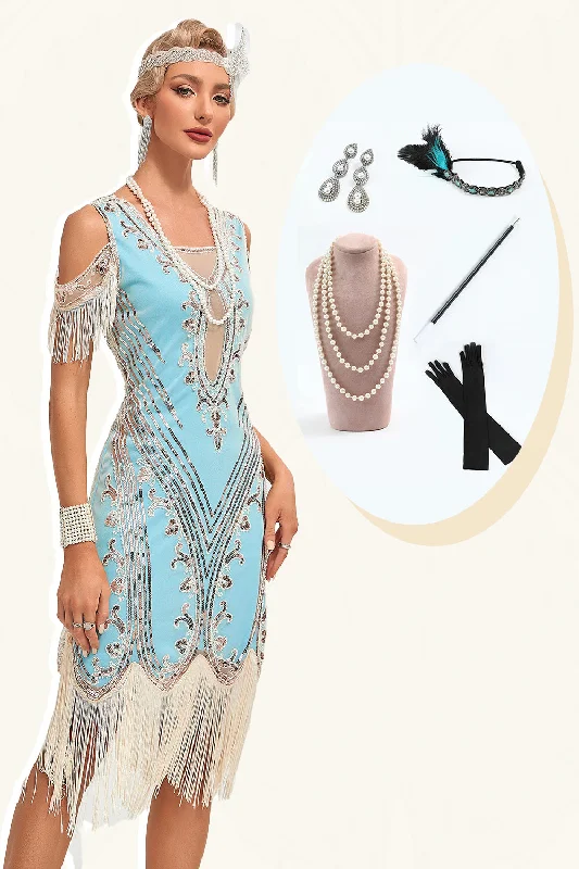 Faux Leather Dresses for Affordable -Glitter Green Cold Shoulder Sequins Fringes 1920s Gatsby Dress with Accessories Set